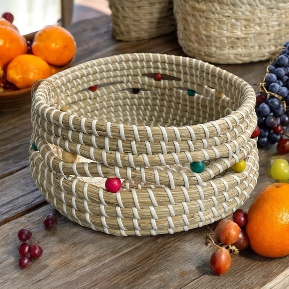 Handcrafed in Vietnam Other - Wicker Tan Bowl Rattan
Basket Handmade Serving
Bowl w/ Beads, Fruit basket